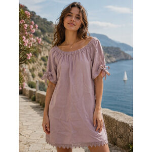 Made In Italy LUNGO L'ARNO Mushroom Linen Boho Off The Shoulder Dress Large